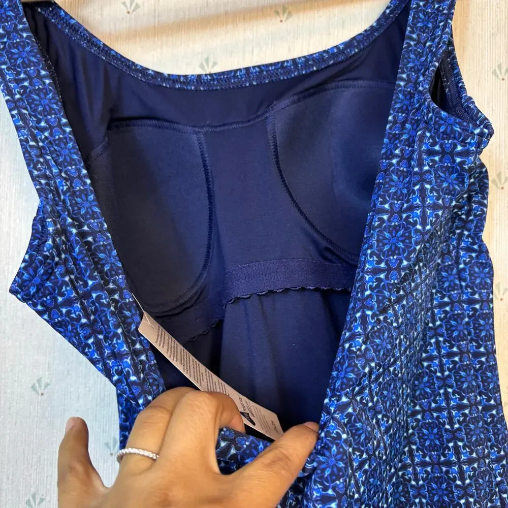 Lands End Tugless Low Leg One Piece Swimsuit 8L Navy Mosaic Mini Tile UPF50  NWT - Picture 12 of 13